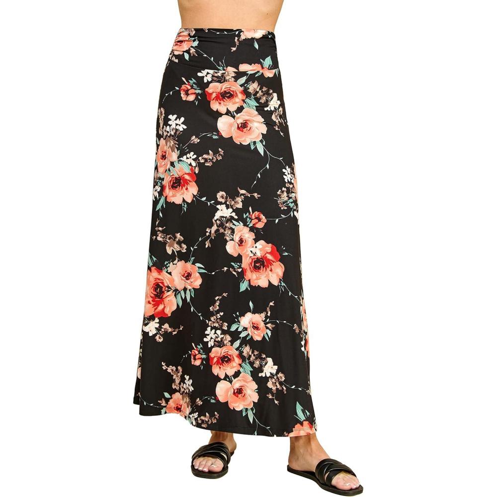 imageMade By Johnny Womens Solid Basic Lightweight Floor Length Flare Long Maxi Lounge Skirt S3XLWb296blackfloral