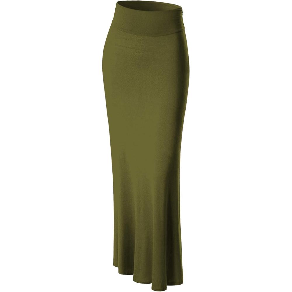 imageMade By Johnny Womens Solid Basic Lightweight Floor Length Flare Long Maxi Lounge Skirt S3XLWb296olive