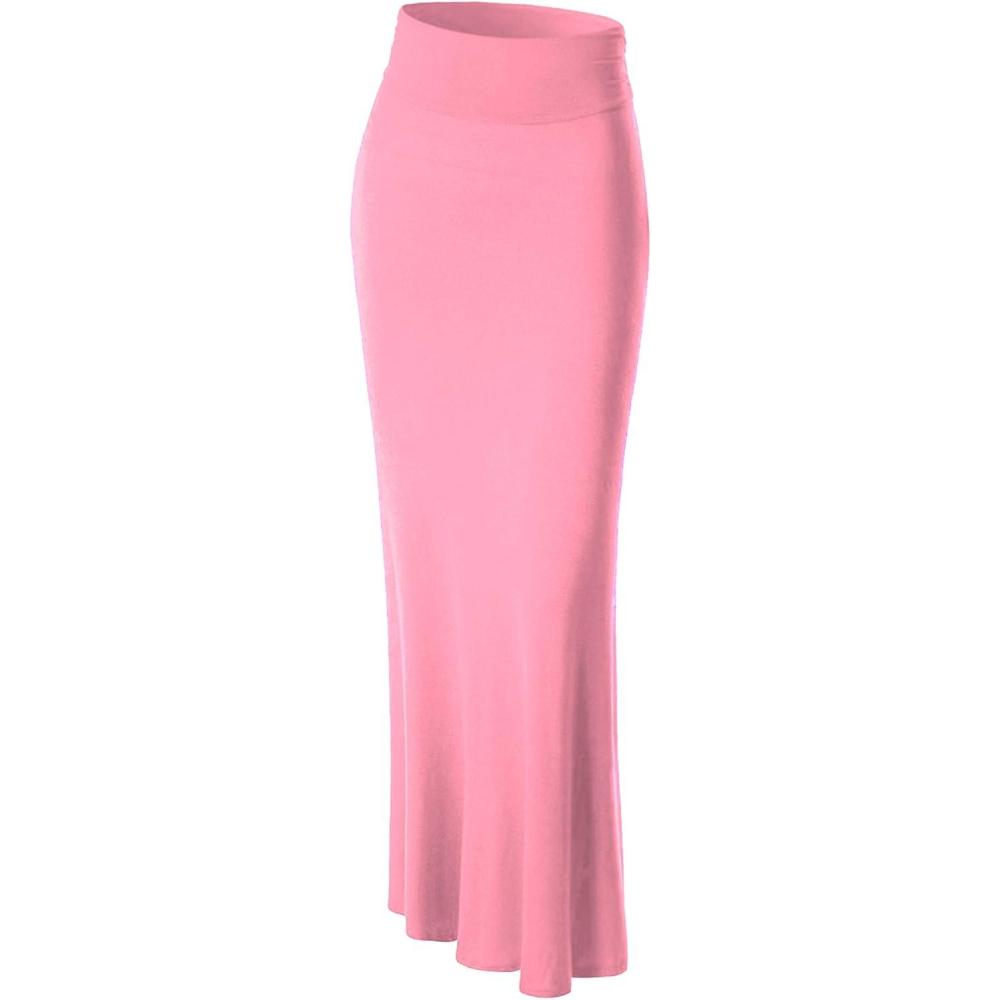 imageMade By Johnny Womens Solid Basic Lightweight Floor Length Flare Long Maxi Lounge Skirt S3XLWb296pink