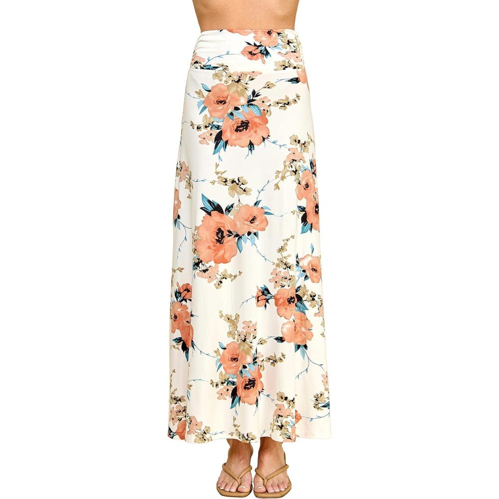 imageMade By Johnny Womens Solid Basic Lightweight Floor Length Flare Long Maxi Lounge Skirt S3XLWb296whitefloral