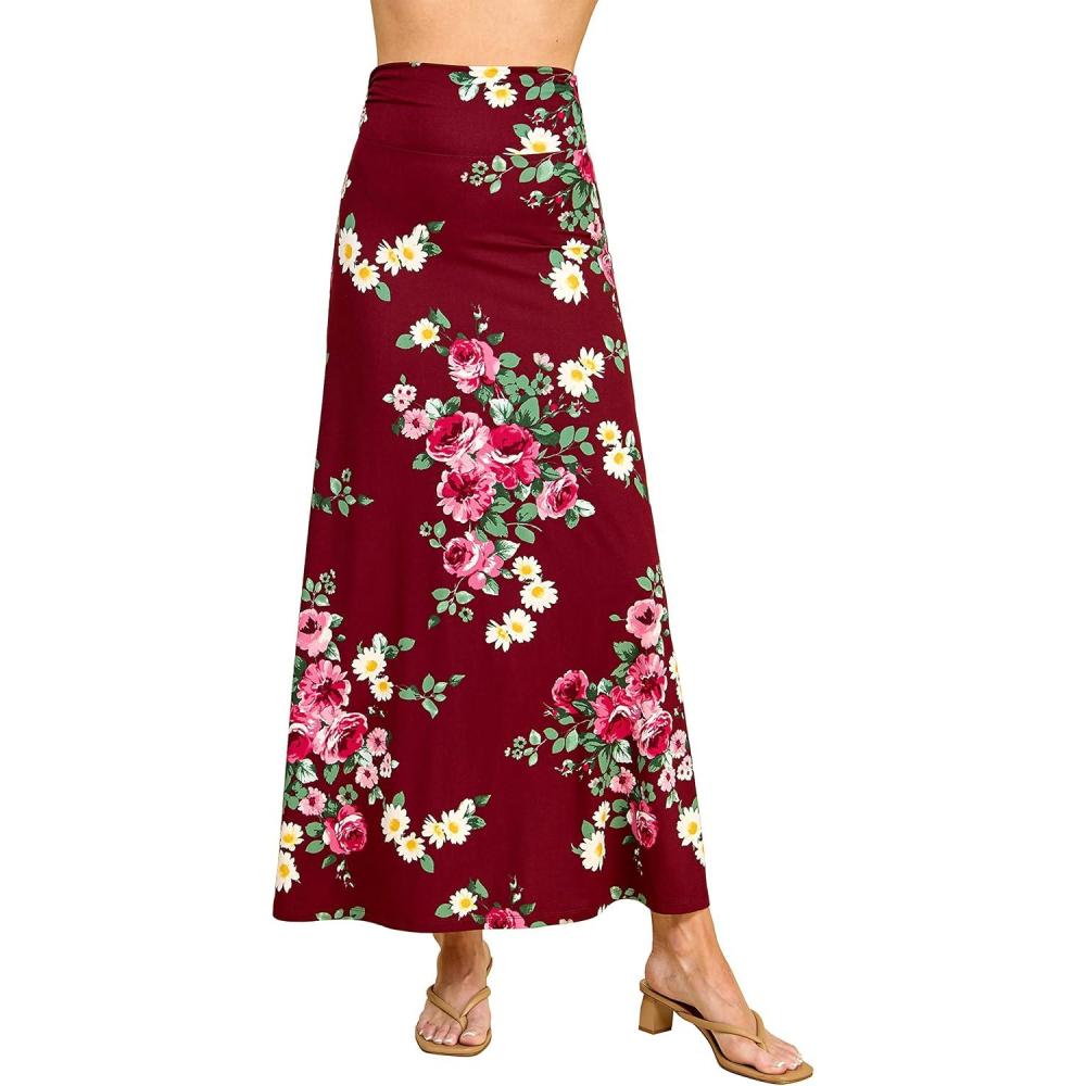 imageMade By Johnny Womens Solid Basic Lightweight Floor Length Flare Long Maxi Lounge Skirt S3XLWb296winefloral
