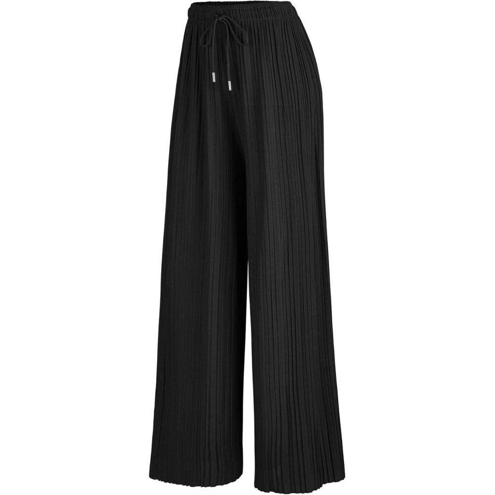 imageMade By Johnny Womens Wide Leg Palazzo Pants High Waist Flowy Fit with Drawstring Waistband for Casual StyleWb1484black