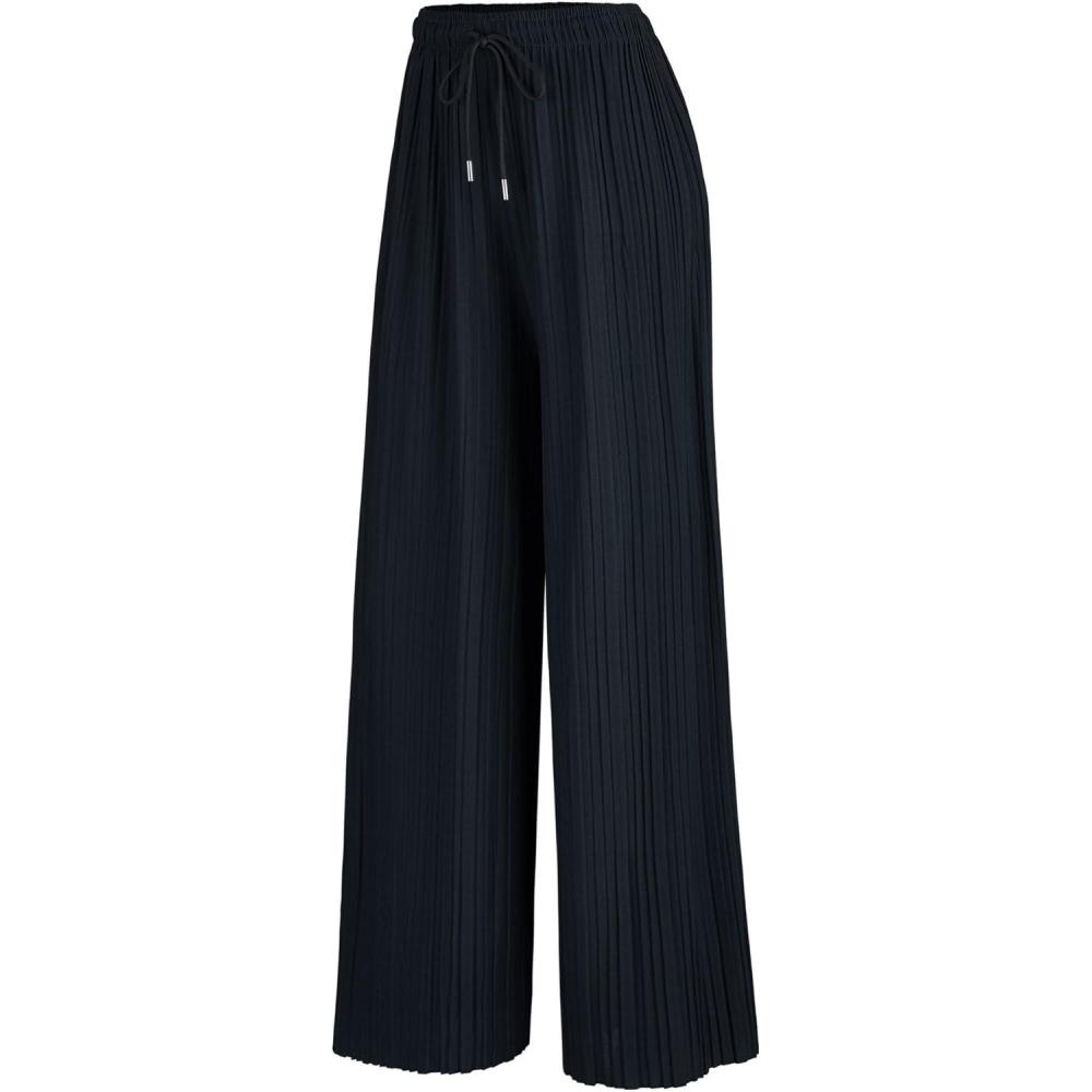 imageMade By Johnny Womens Wide Leg Palazzo Pants High Waist Flowy Fit with Drawstring Waistband for Casual StyleWb1484navy