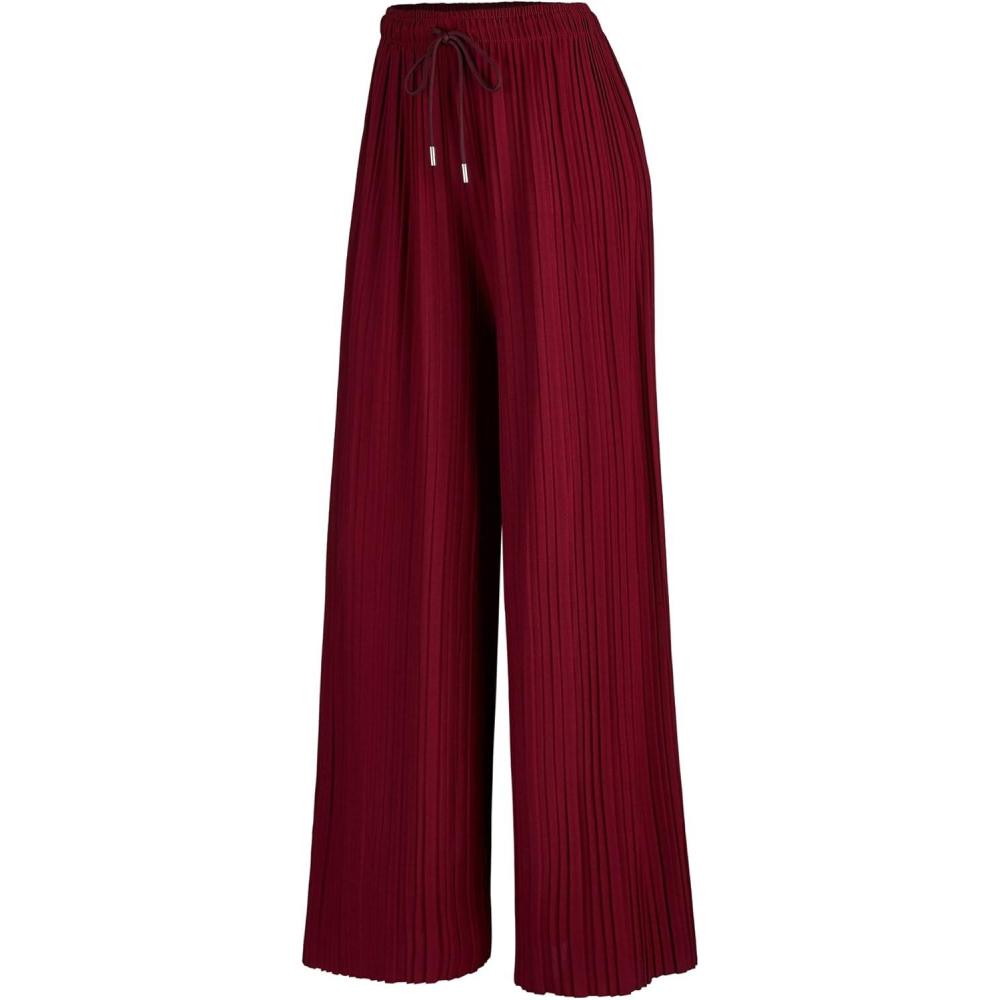 imageMade By Johnny Womens Wide Leg Palazzo Pants High Waist Flowy Fit with Drawstring Waistband for Casual StyleWb1484wine