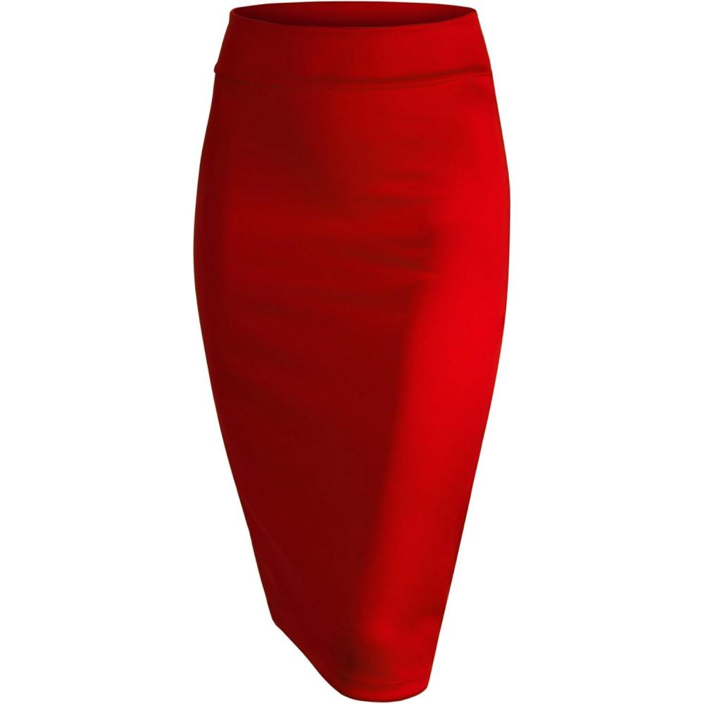 imageMade by Johnny Womens Premium Scuba Stretch High Waist Pencil Skirt Below Knee for Office WearWb700red