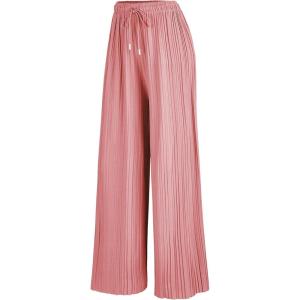 Made By Johnny Women’s Wide Leg Palazzo Pants – High Waist Flowy Fit with Drawstring Waistband for Casual Style(Wb1484_pink)