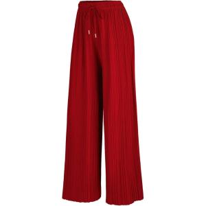 Made By Johnny Women’s Wide Leg Palazzo Pants – High Waist Flowy Fit with Drawstring Waistband for Casual Style(Wb1484_red)
