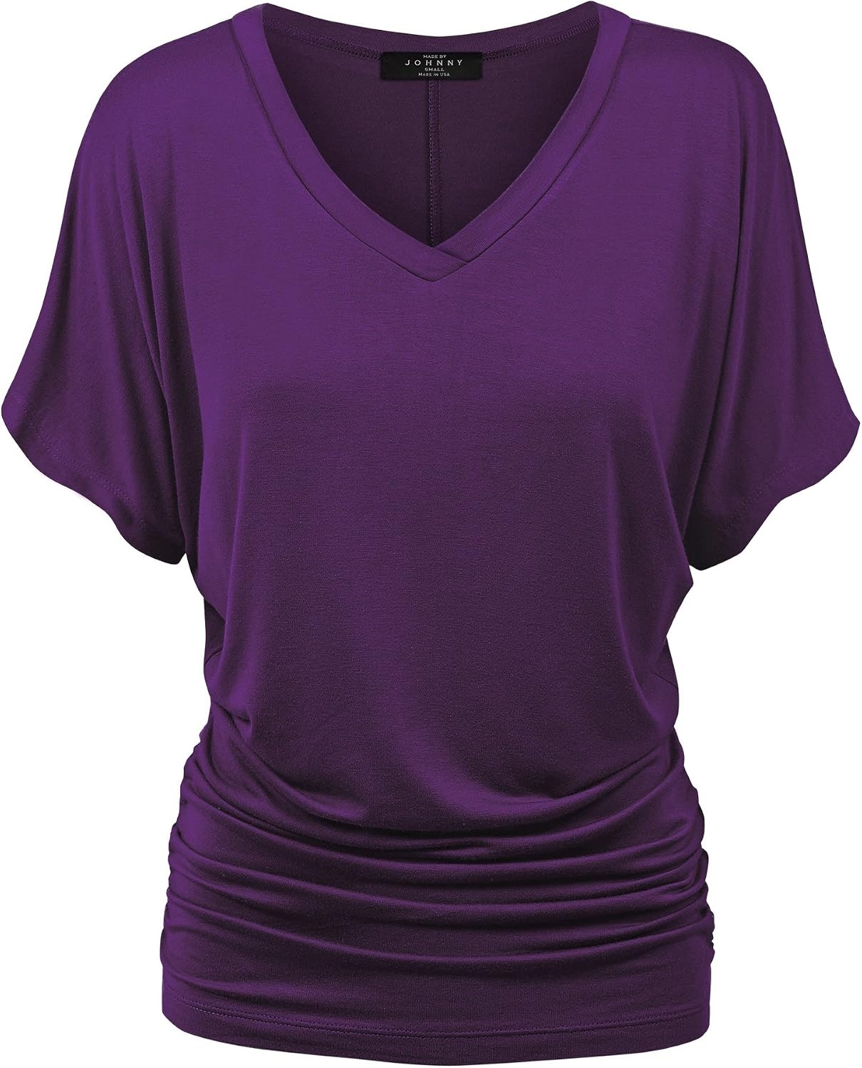 image:imageMade By Johnny Womens Casual Solid Short Sleeve Boat NeckV Neck Dolman Top T Shirt with Side ShirringWt1037darkpurple