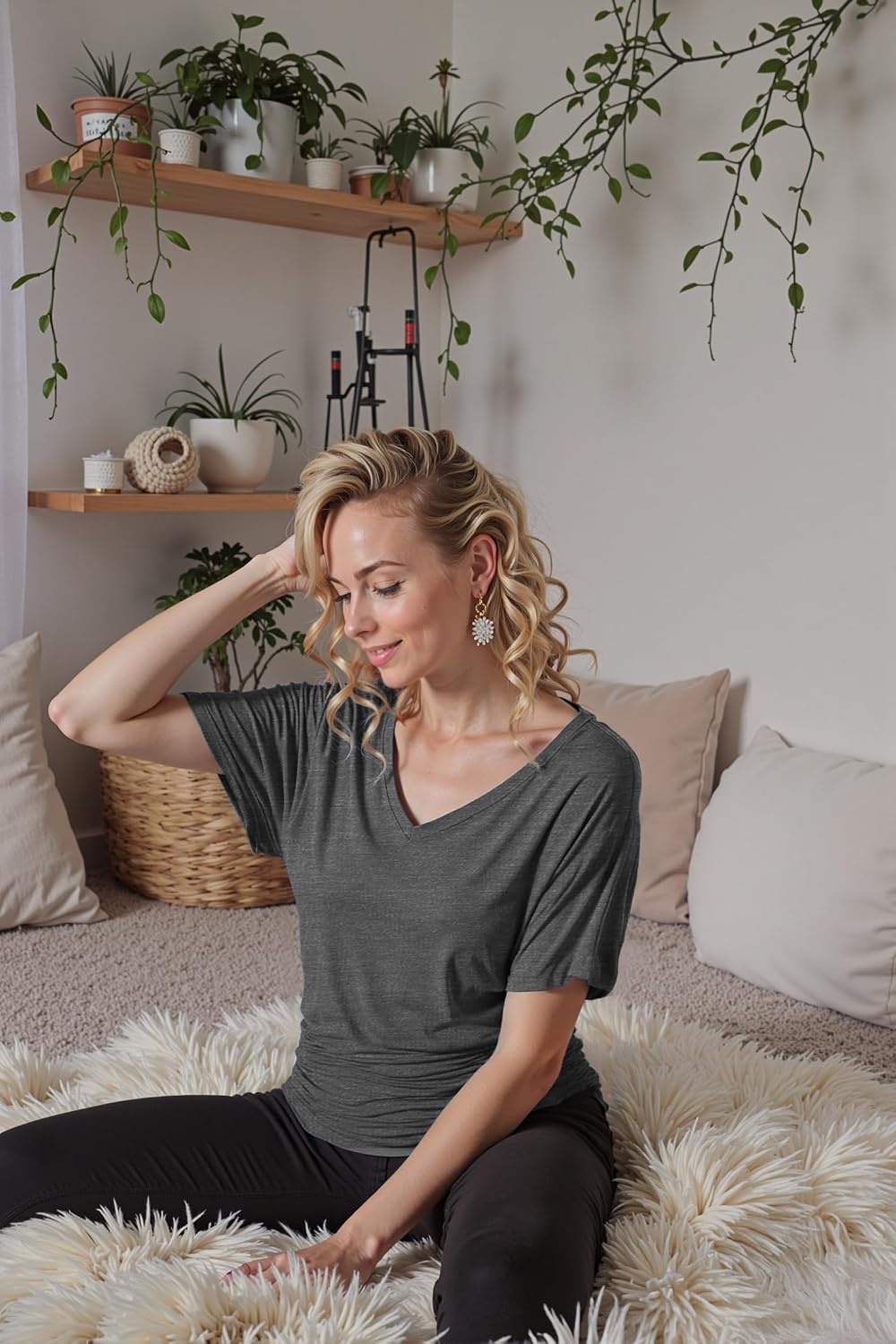 image:imageMade By Johnny Womens Casual Solid Short Sleeve Boat NeckV Neck Dolman Top T Shirt with Side ShirringWt1037heatherdarkgrey