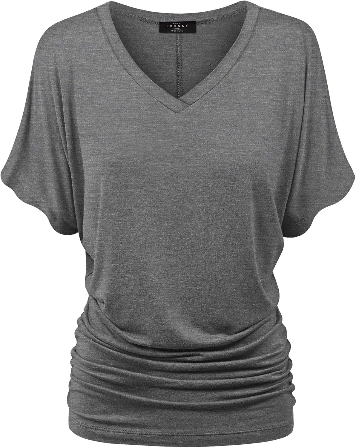 image:imageMade By Johnny Womens Casual Solid Short Sleeve Boat NeckV Neck Dolman Top T Shirt with Side ShirringWt1037heatherdarkgrey