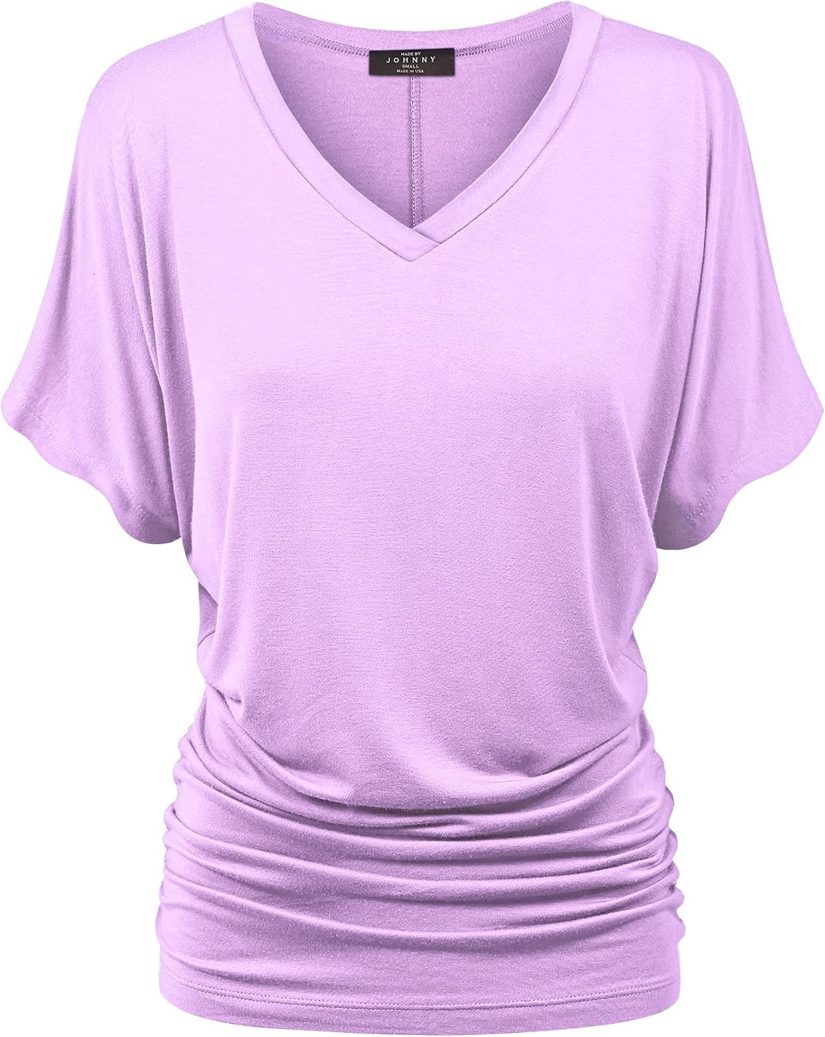 image:imageMade By Johnny Womens Casual Solid Short Sleeve Boat NeckV Neck Dolman Top T Shirt with Side ShirringWt1037lilac