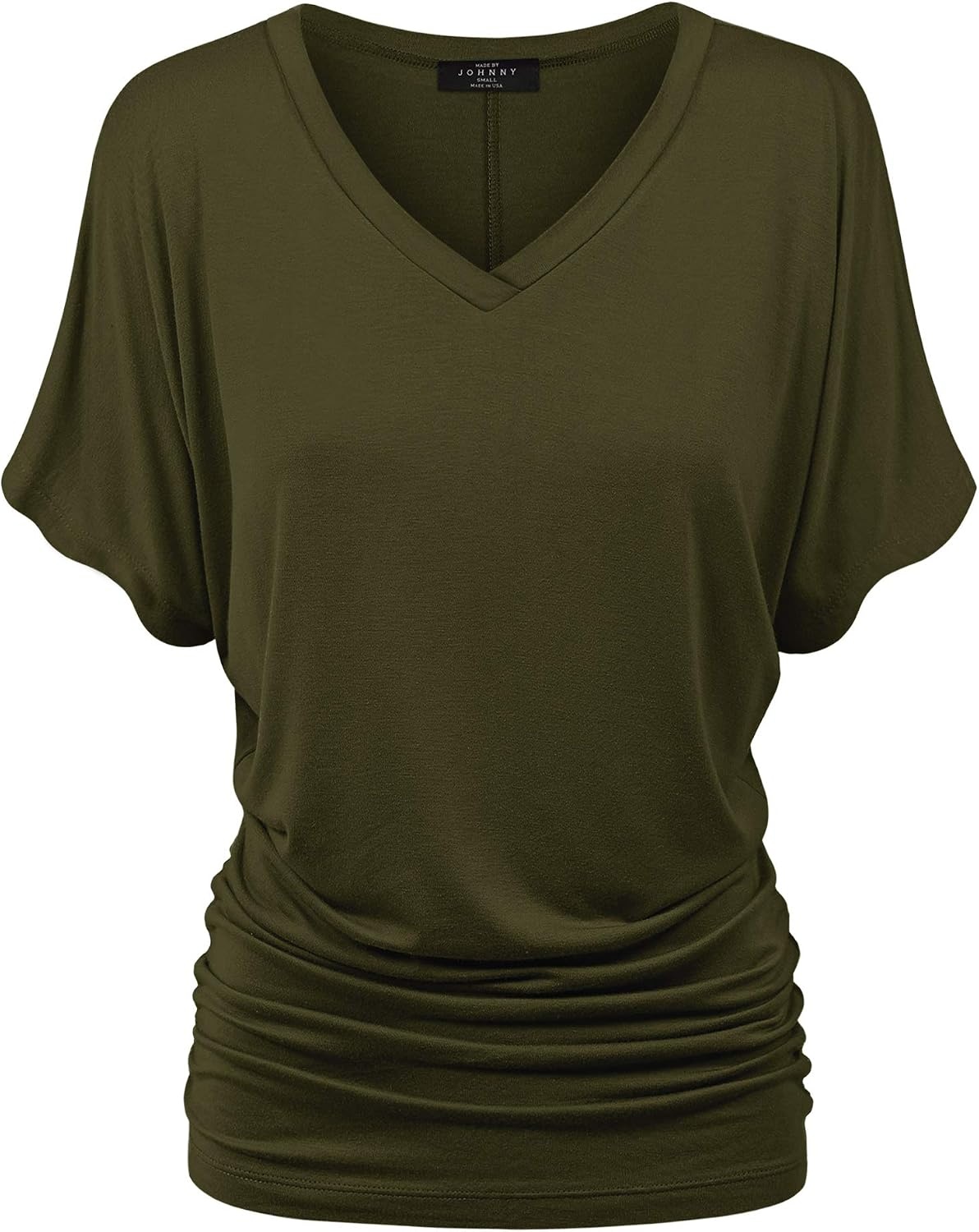 image:imageMade By Johnny Womens Casual Solid Short Sleeve Boat NeckV Neck Dolman Top T Shirt with Side ShirringWt1037olive
