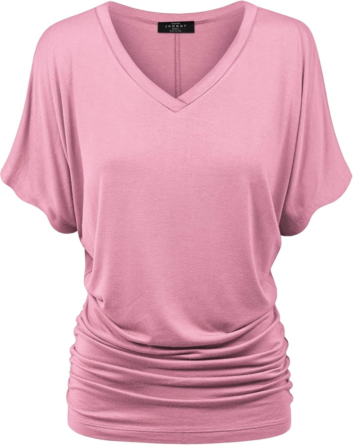 image:imageMade By Johnny Womens Casual Solid Short Sleeve Boat NeckV Neck Dolman Top T Shirt with Side ShirringWt1037pink
