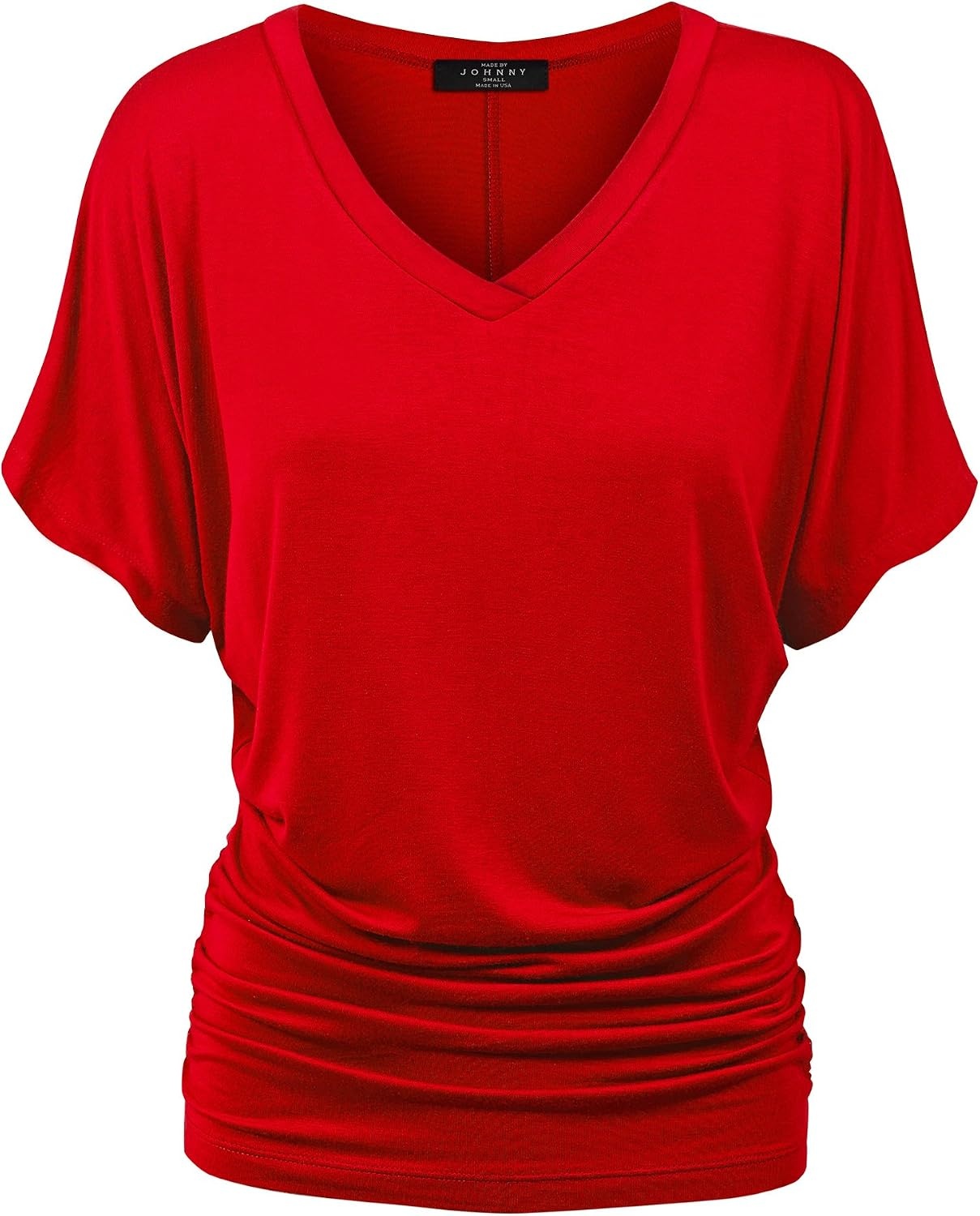 image:imageMade By Johnny Womens Casual Solid Short Sleeve Boat NeckV Neck Dolman Top T Shirt with Side ShirringWt1037red