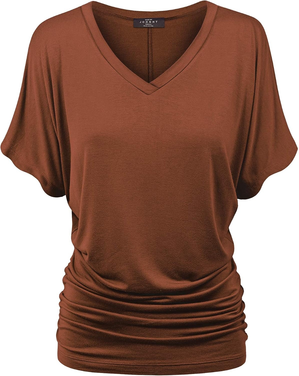 image:imageMade By Johnny Womens Casual Solid Short Sleeve Boat NeckV Neck Dolman Top T Shirt with Side ShirringWt1037rust