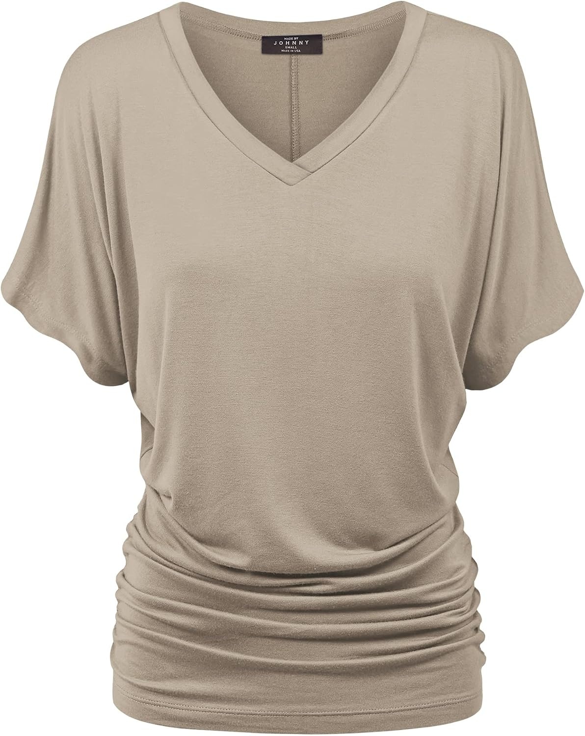 image:imageMade By Johnny Womens Casual Solid Short Sleeve Boat NeckV Neck Dolman Top T Shirt with Side ShirringWt1037taupe