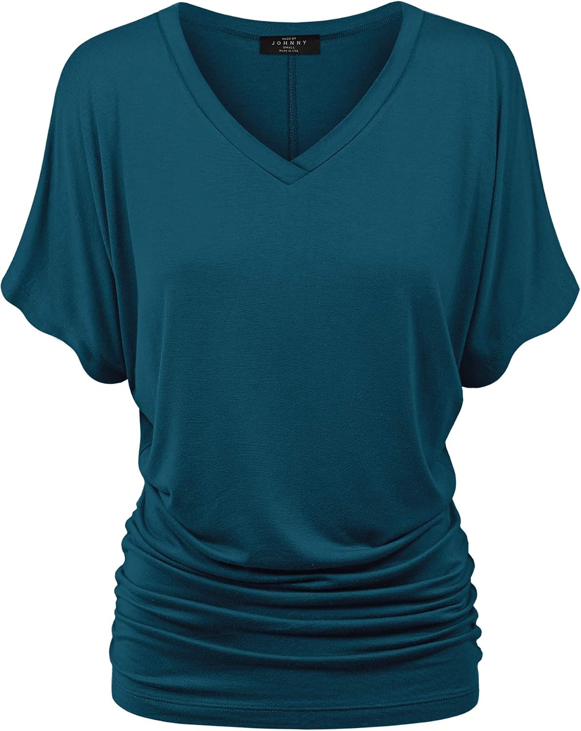image:imageMade By Johnny Womens Casual Solid Short Sleeve Boat NeckV Neck Dolman Top T Shirt with Side ShirringWt1037teal