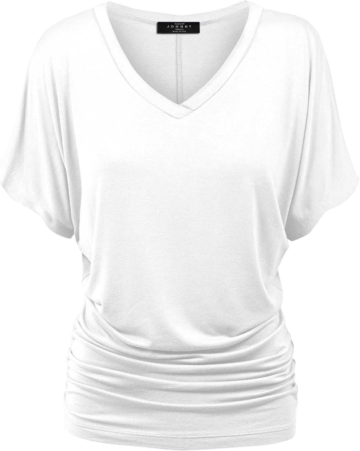 image:imageMade By Johnny Womens Casual Solid Short Sleeve Boat NeckV Neck Dolman Top T Shirt with Side ShirringWt1037white