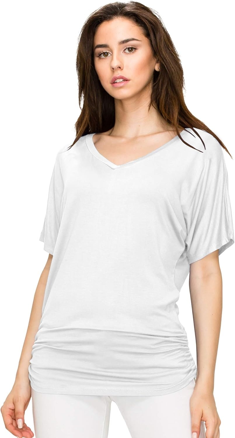 image:imageMade By Johnny Womens Casual Solid Short Sleeve Boat NeckV Neck Dolman Top T Shirt with Side ShirringWt1037white
