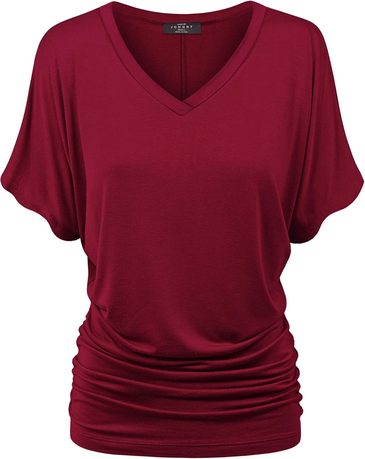 image:imageMade By Johnny Womens Casual Solid Short Sleeve Boat NeckV Neck Dolman Top T Shirt with Side ShirringWt1037wine