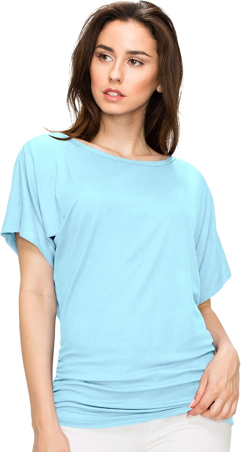 image:imageMade By Johnny Womens Casual Solid Short Sleeve Boat NeckV Neck Dolman Top T Shirt with Side ShirringWt817aqua
