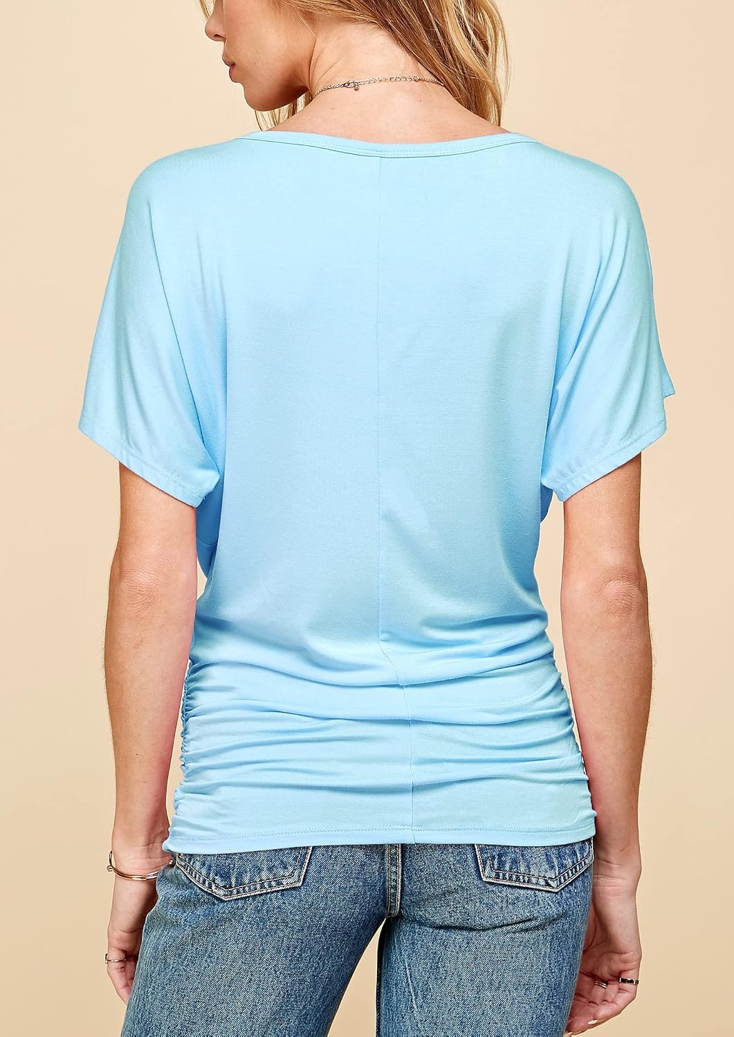 image:imageMade By Johnny Womens Casual Solid Short Sleeve Boat NeckV Neck Dolman Top T Shirt with Side ShirringWt817aqua