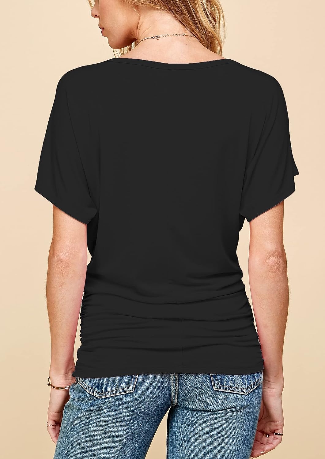 image:imageMade By Johnny Womens Casual Solid Short Sleeve Boat NeckV Neck Dolman Top T Shirt with Side ShirringWt817black