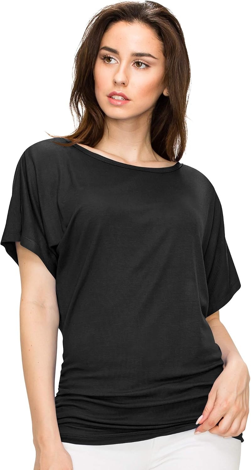 image:imageMade By Johnny Womens Casual Solid Short Sleeve Boat NeckV Neck Dolman Top T Shirt with Side ShirringWt817black