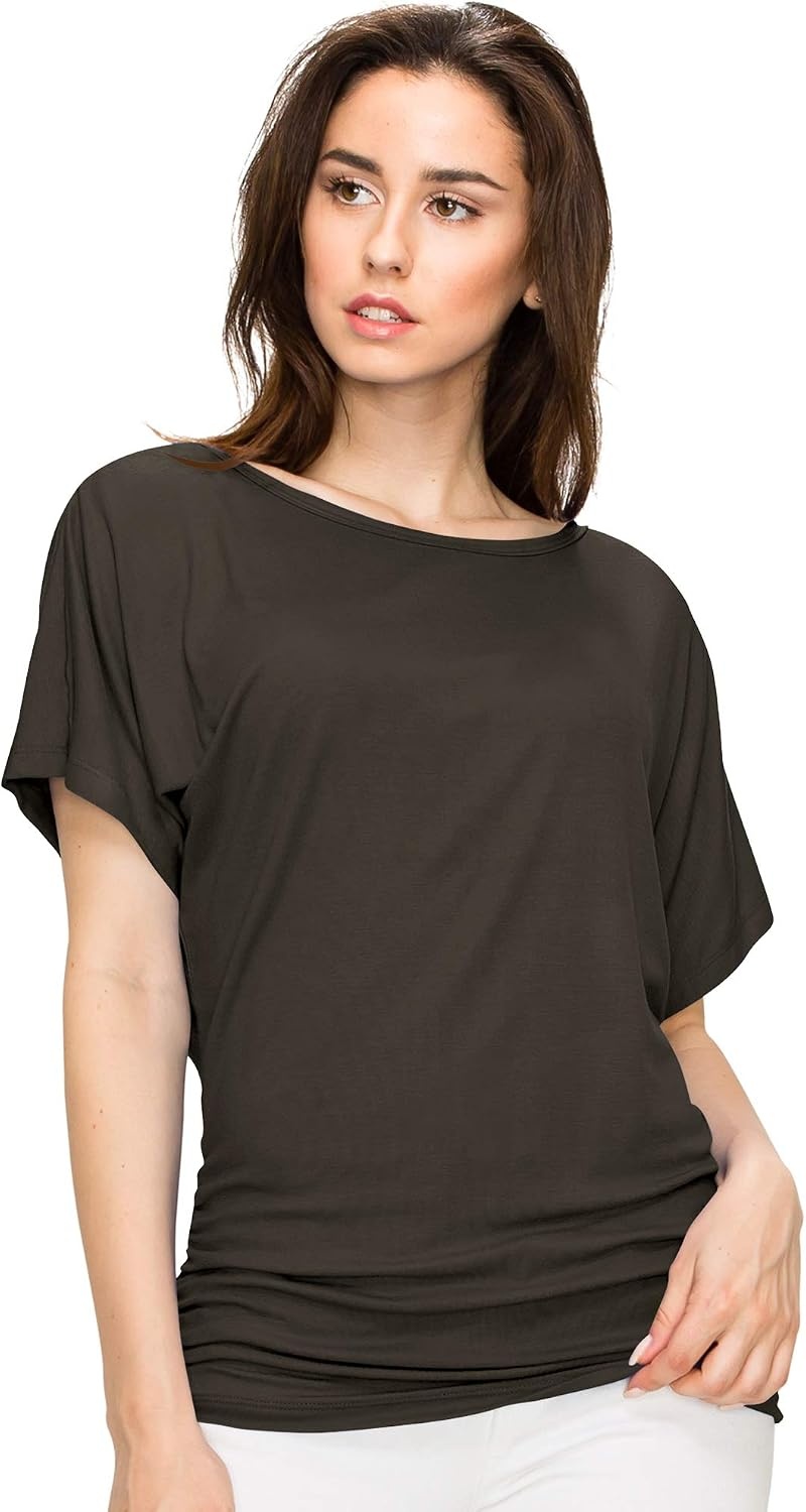 image:imageMade By Johnny Womens Casual Solid Short Sleeve Boat NeckV Neck Dolman Top T Shirt with Side ShirringWt817brown
