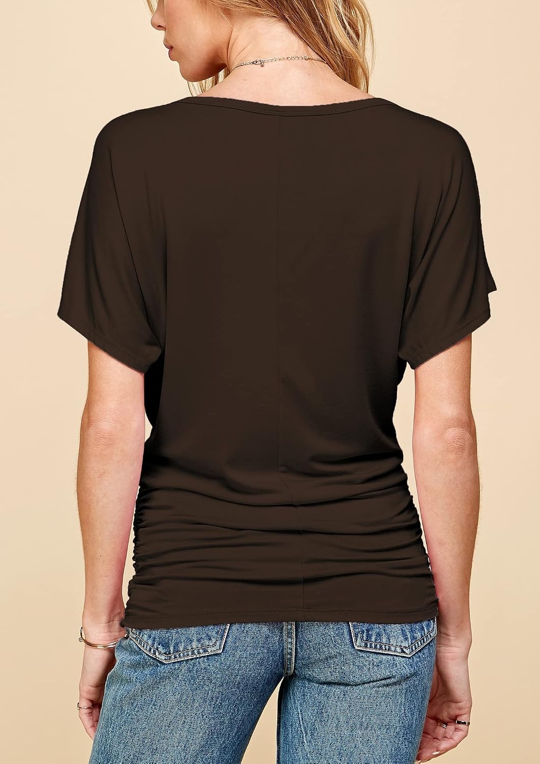 image:imageMade By Johnny Womens Casual Solid Short Sleeve Boat NeckV Neck Dolman Top T Shirt with Side ShirringWt817brown