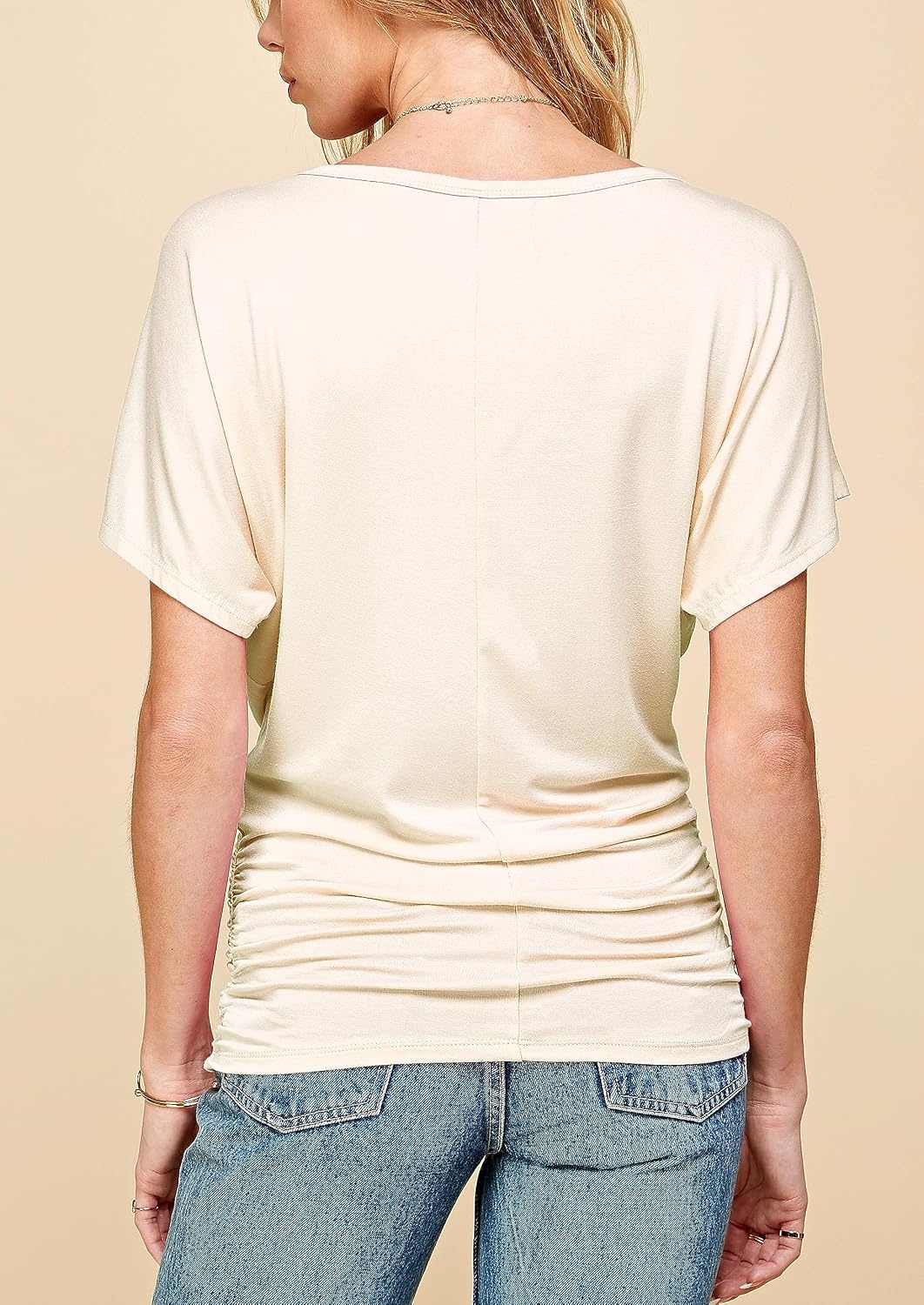 image:imageMade By Johnny Womens Casual Solid Short Sleeve Boat NeckV Neck Dolman Top T Shirt with Side ShirringWt817cream