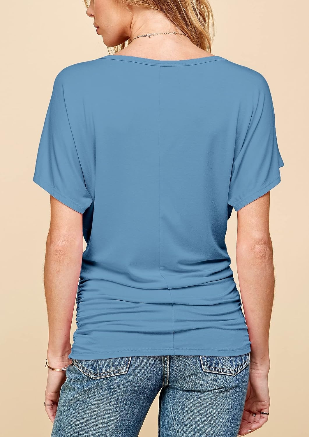 image:imageMade By Johnny Womens Casual Solid Short Sleeve Boat NeckV Neck Dolman Top T Shirt with Side ShirringWt817denim