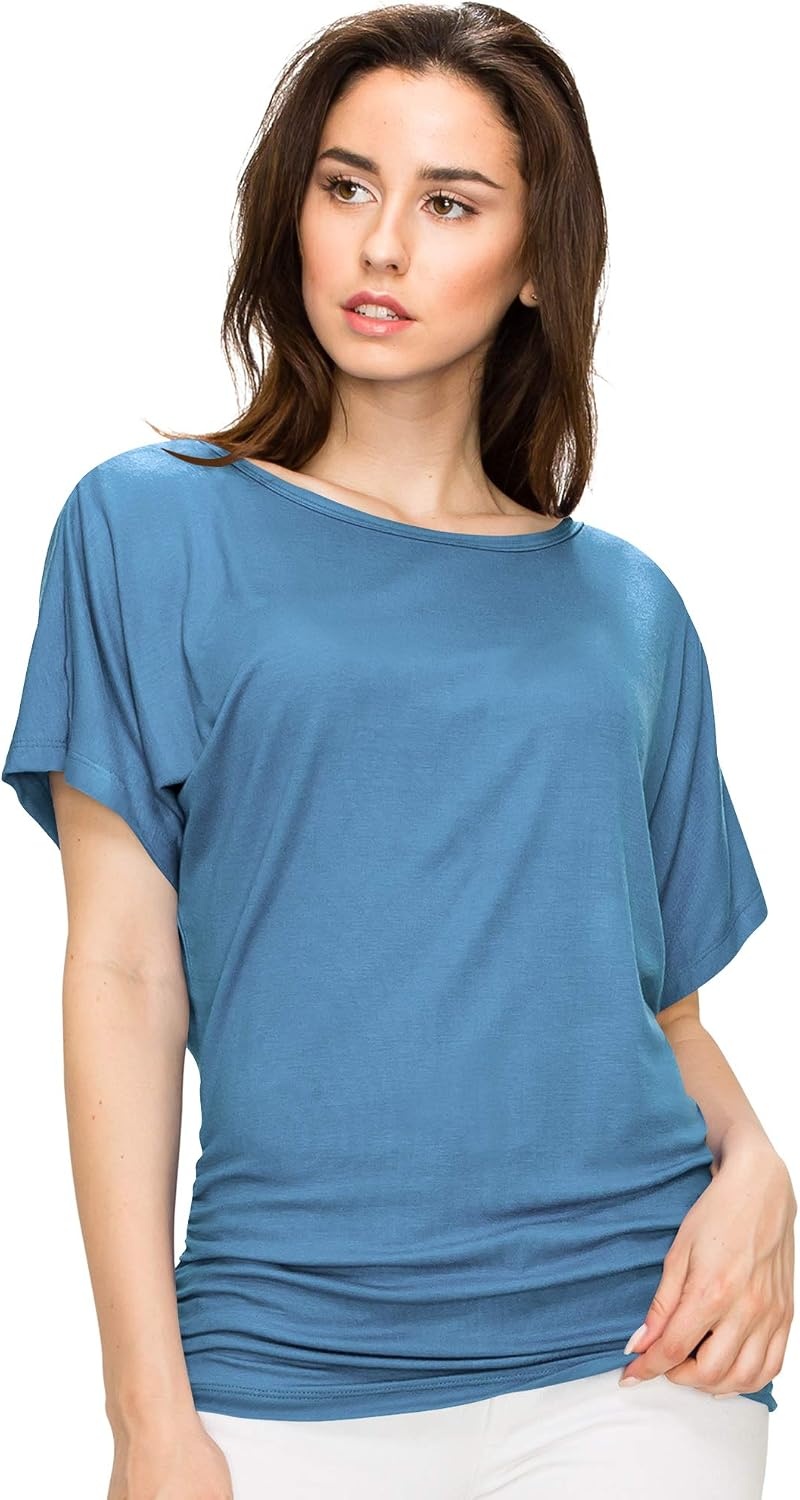 image:imageMade By Johnny Womens Casual Solid Short Sleeve Boat NeckV Neck Dolman Top T Shirt with Side ShirringWt817denim