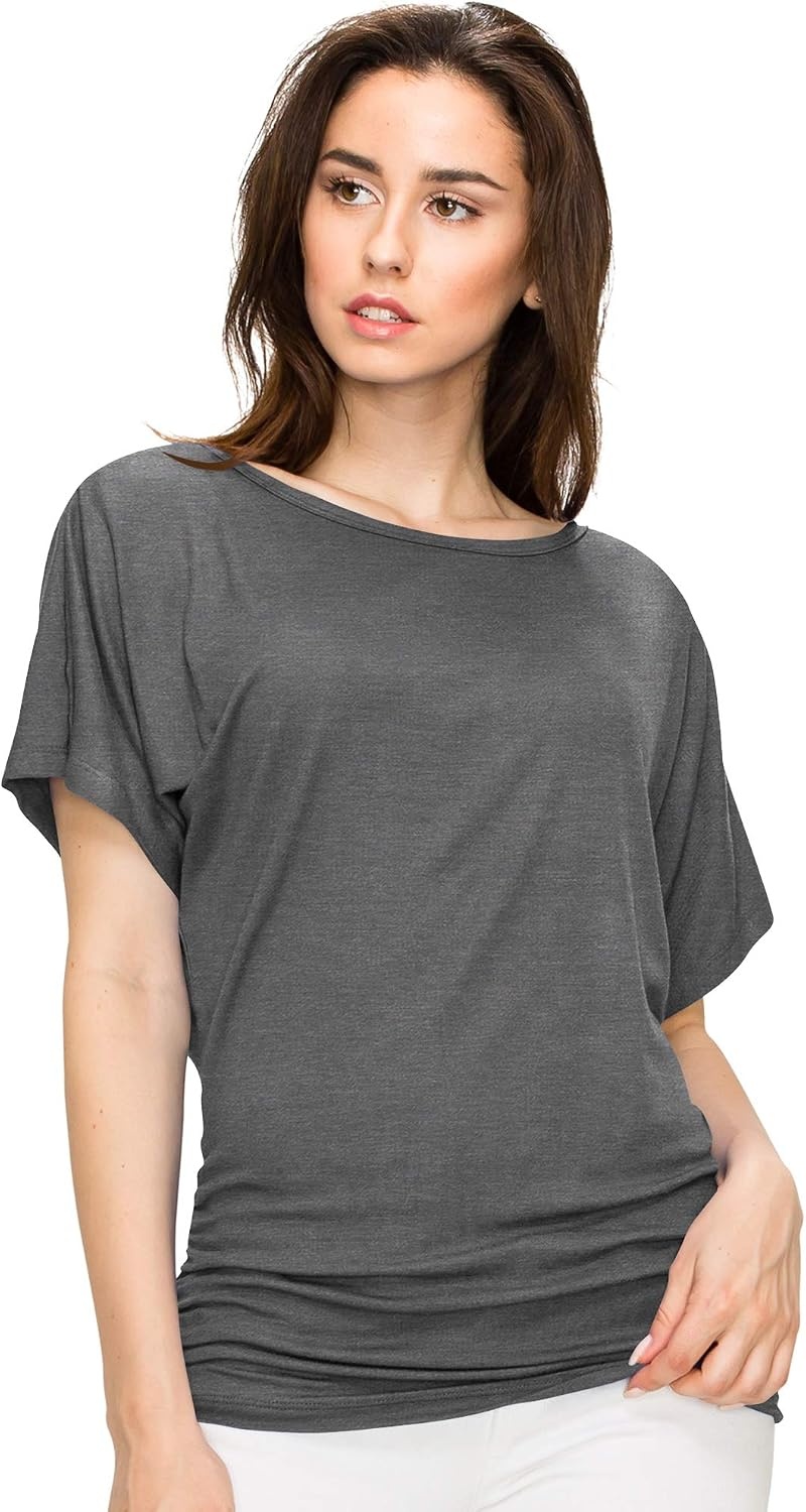 image:imageMade By Johnny Womens Casual Solid Short Sleeve Boat NeckV Neck Dolman Top T Shirt with Side ShirringWt817heathercharcoal