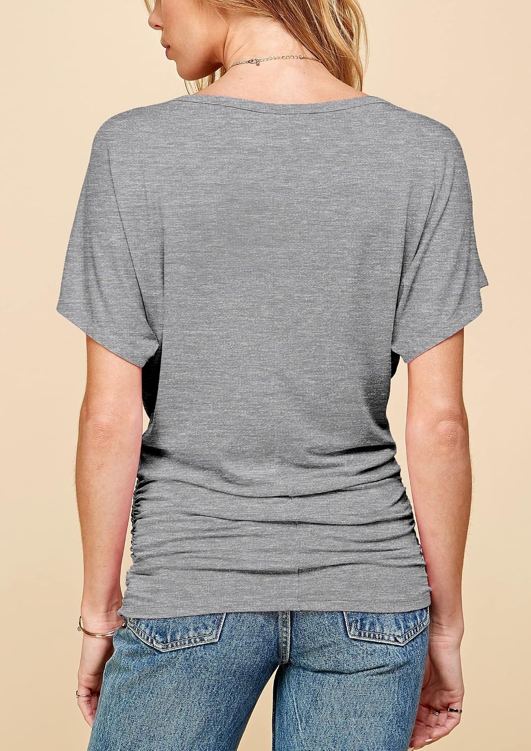 image:imageMade By Johnny Womens Casual Solid Short Sleeve Boat NeckV Neck Dolman Top T Shirt with Side ShirringWt817heathergrey