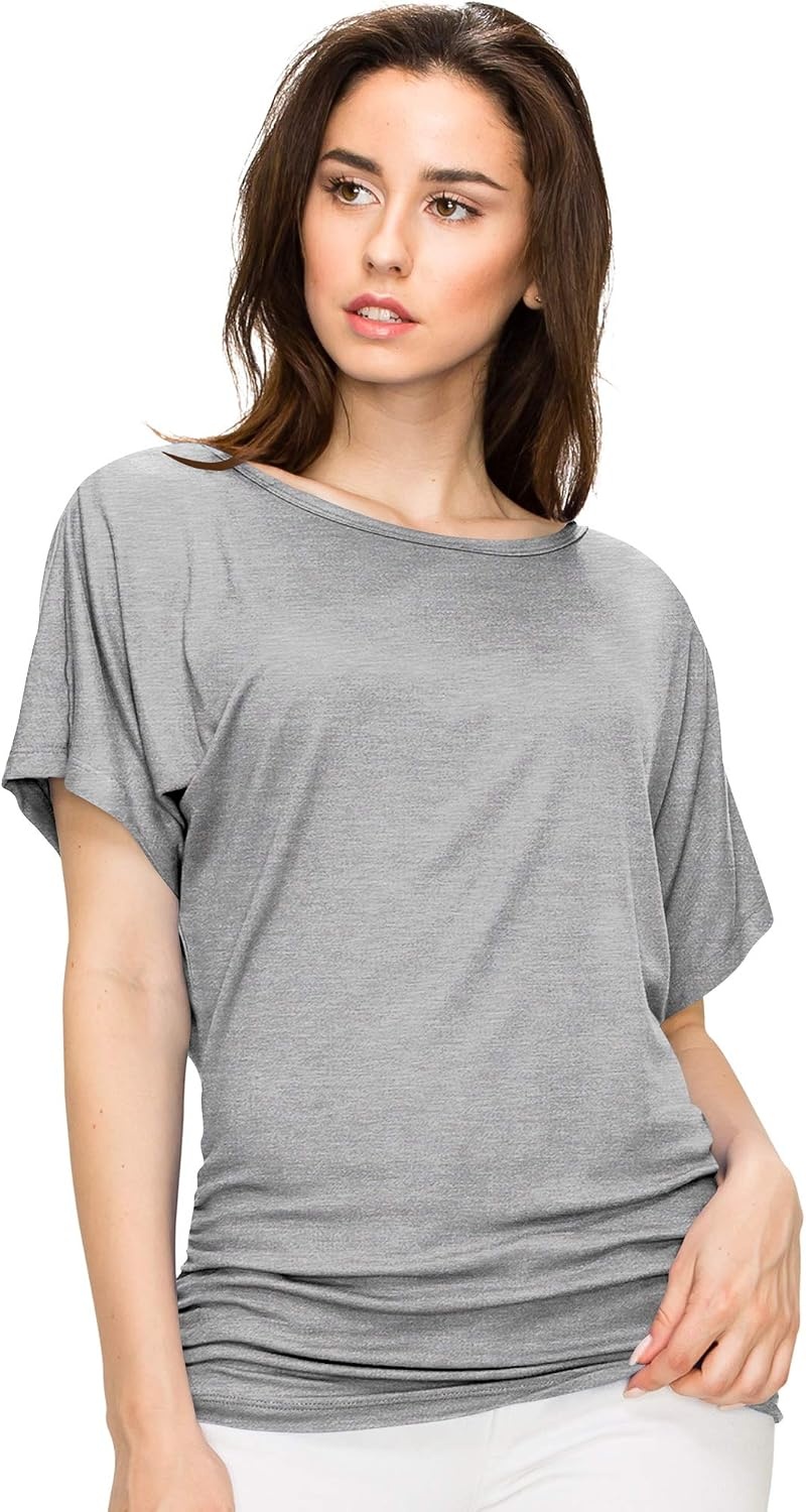 image:imageMade By Johnny Womens Casual Solid Short Sleeve Boat NeckV Neck Dolman Top T Shirt with Side ShirringWt817heathergrey
