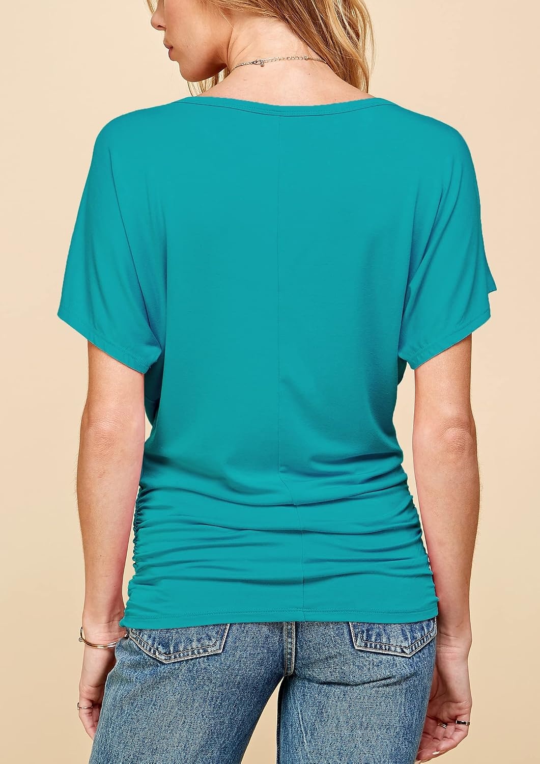 image:imageMade By Johnny Womens Casual Solid Short Sleeve Boat NeckV Neck Dolman Top T Shirt with Side ShirringWt817jade
