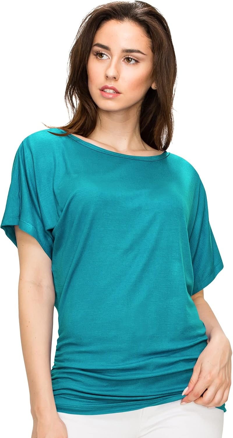 image:imageMade By Johnny Womens Casual Solid Short Sleeve Boat NeckV Neck Dolman Top T Shirt with Side ShirringWt817jade
