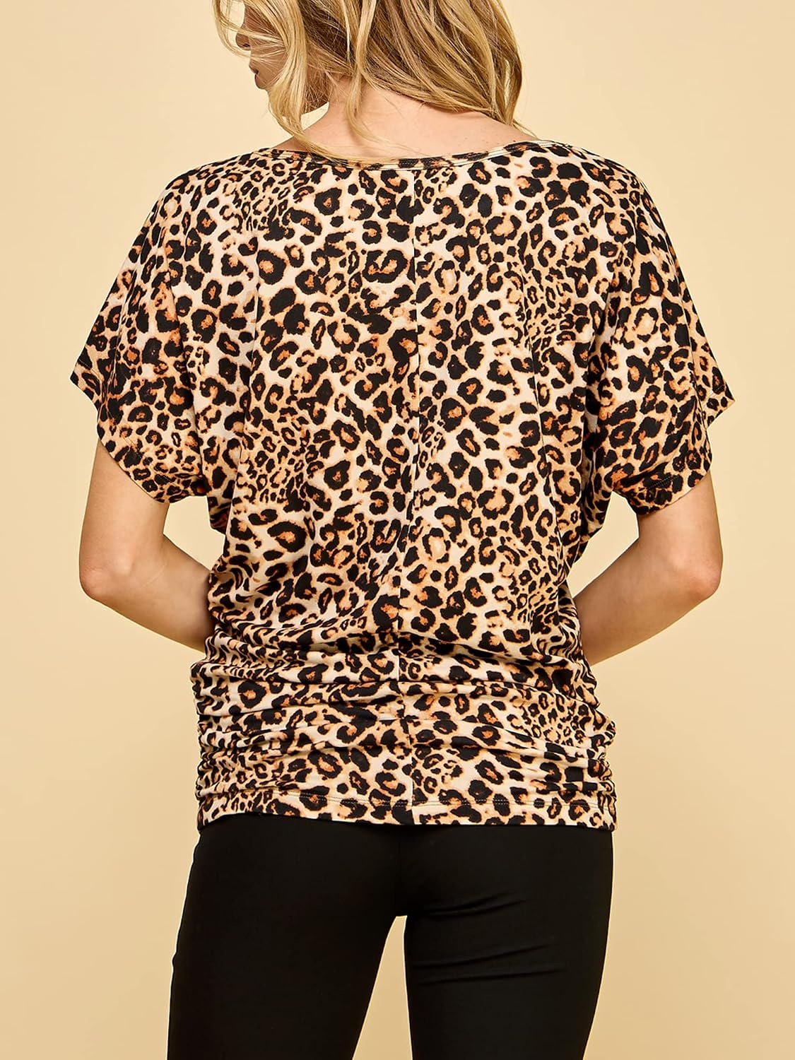 image:imageMade By Johnny Womens Casual Solid Short Sleeve Boat NeckV Neck Dolman Top T Shirt with Side ShirringWt817leopard