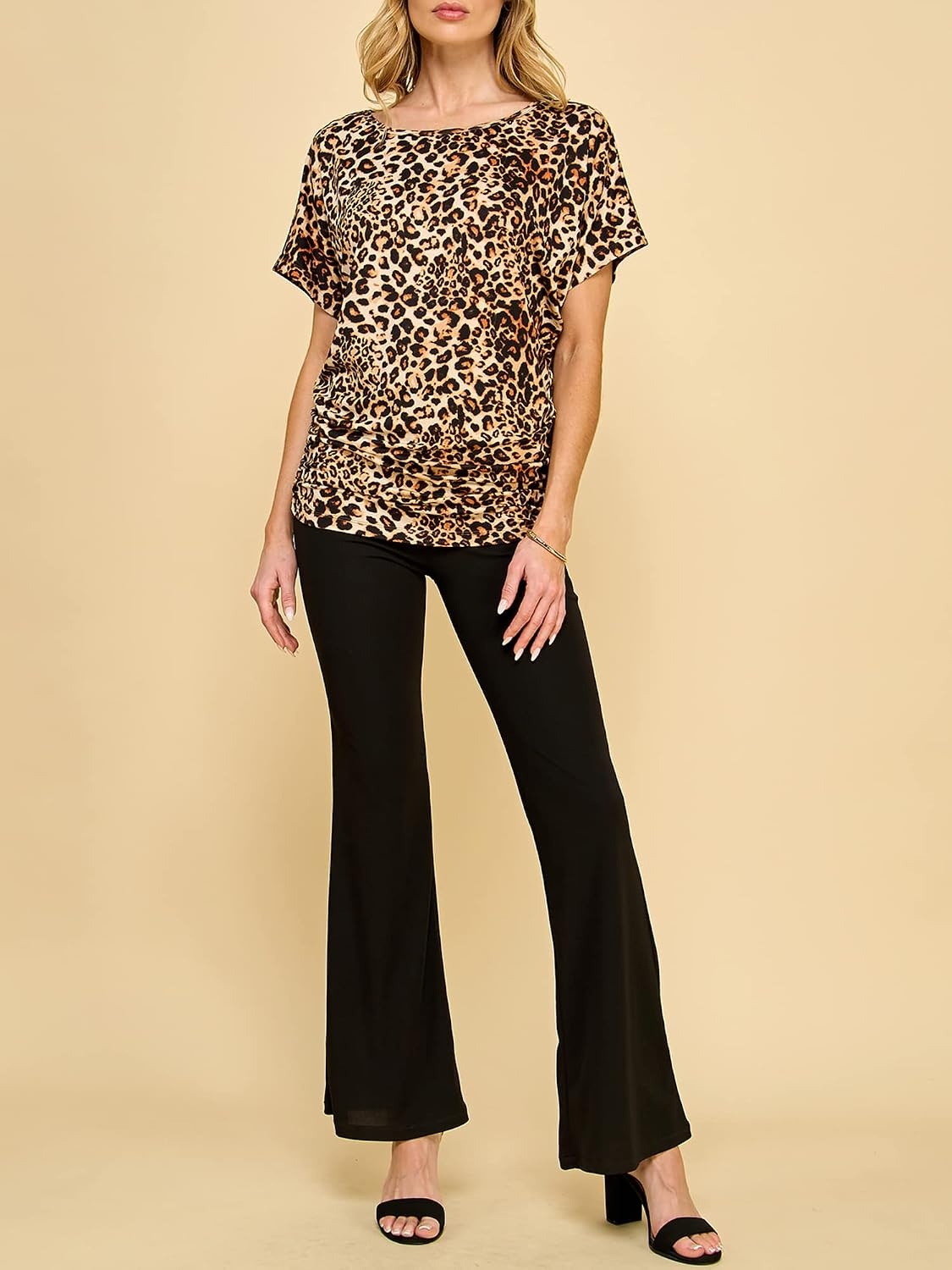 image:imageMade By Johnny Womens Casual Solid Short Sleeve Boat NeckV Neck Dolman Top T Shirt with Side ShirringWt817leopard