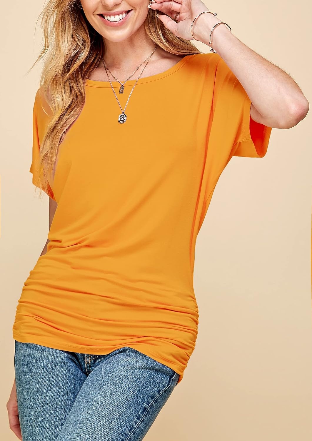 image:imageMade By Johnny Womens Casual Solid Short Sleeve Boat NeckV Neck Dolman Top T Shirt with Side ShirringWt817mustard