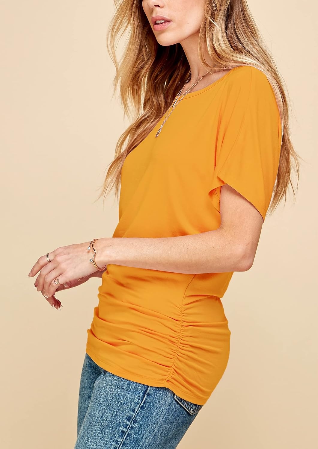 image:imageMade By Johnny Womens Casual Solid Short Sleeve Boat NeckV Neck Dolman Top T Shirt with Side ShirringWt817mustard