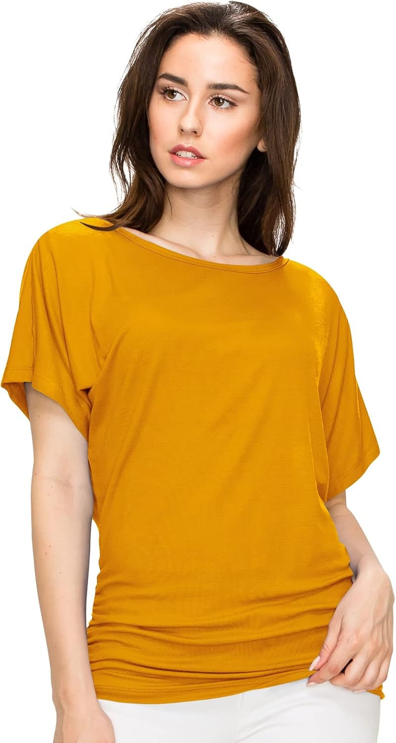 image:imageMade By Johnny Womens Casual Solid Short Sleeve Boat NeckV Neck Dolman Top T Shirt with Side ShirringWt817mustard