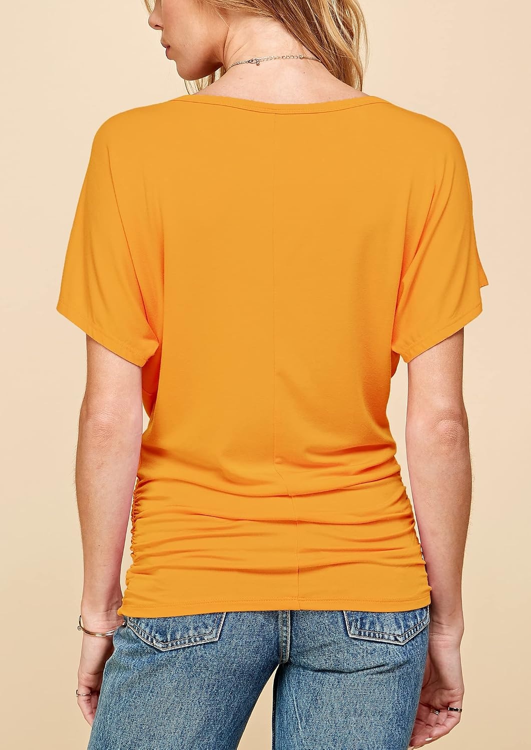 image:imageMade By Johnny Womens Casual Solid Short Sleeve Boat NeckV Neck Dolman Top T Shirt with Side ShirringWt817mustard