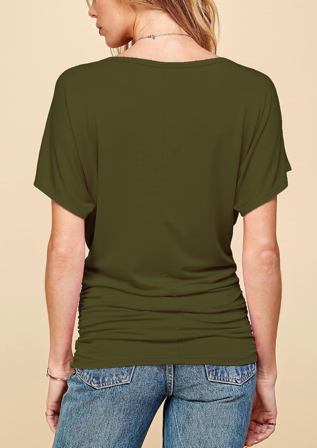 image:imageMade By Johnny Womens Casual Solid Short Sleeve Boat NeckV Neck Dolman Top T Shirt with Side ShirringWt817olive
