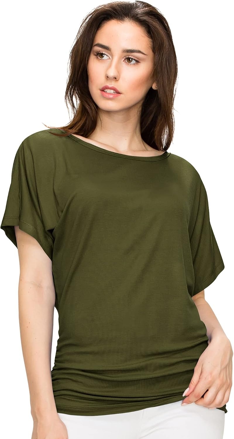 image:imageMade By Johnny Womens Casual Solid Short Sleeve Boat NeckV Neck Dolman Top T Shirt with Side ShirringWt817olive