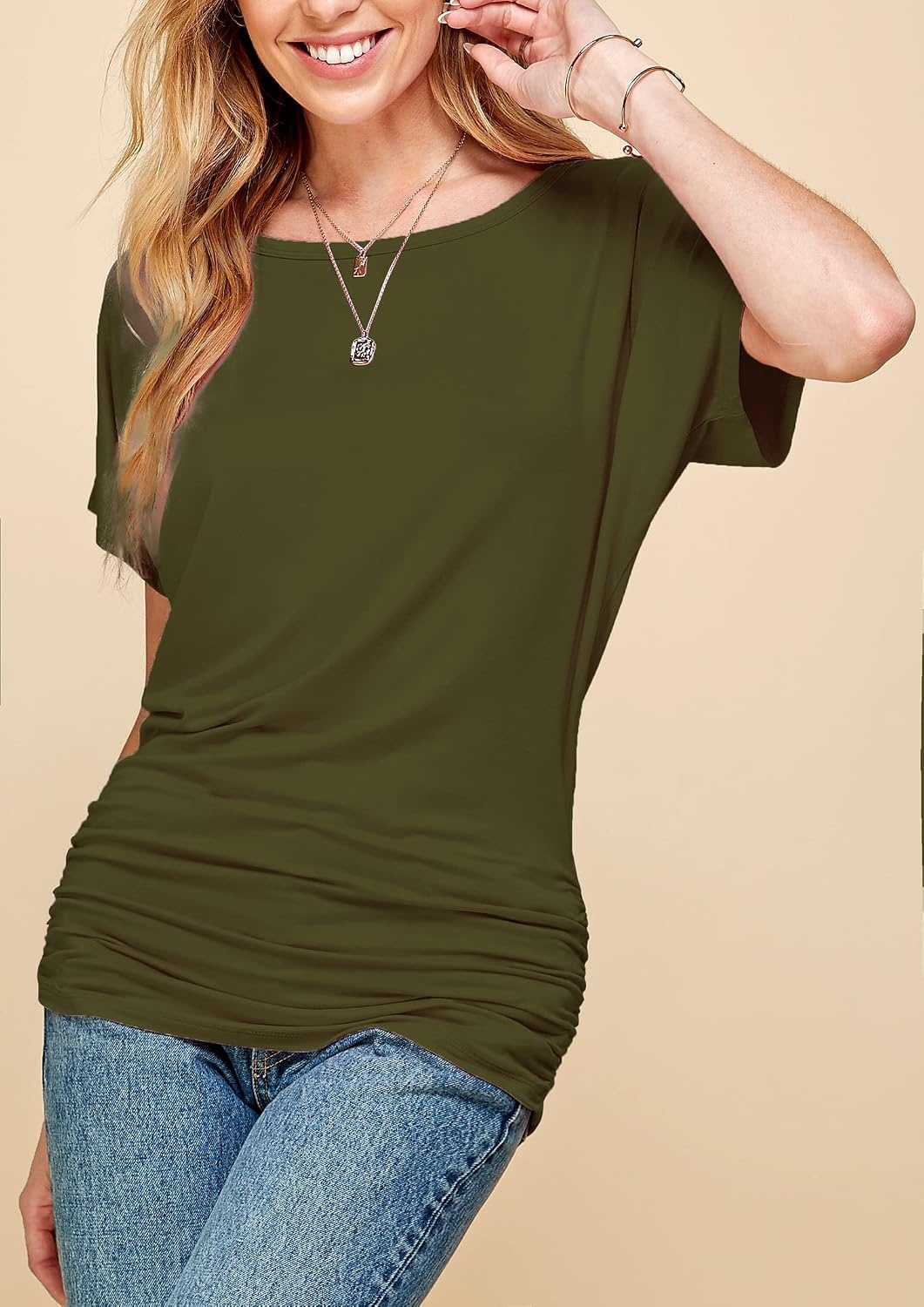 image:imageMade By Johnny Womens Casual Solid Short Sleeve Boat NeckV Neck Dolman Top T Shirt with Side ShirringWt817olive