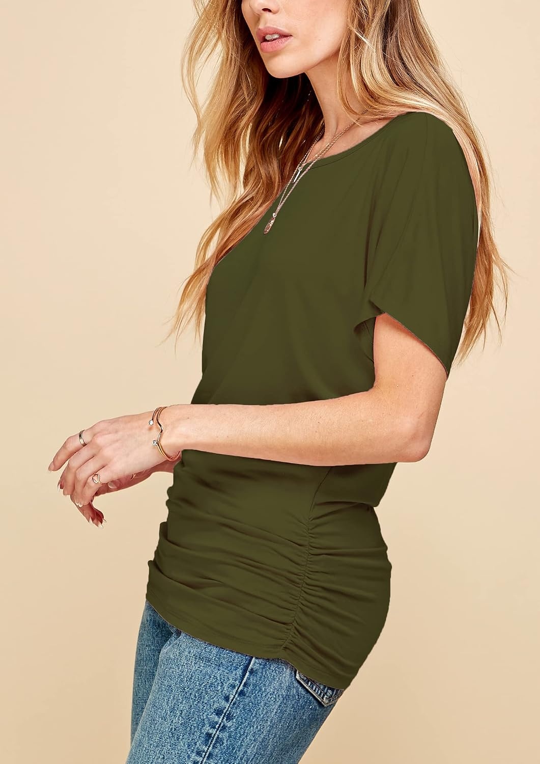 image:imageMade By Johnny Womens Casual Solid Short Sleeve Boat NeckV Neck Dolman Top T Shirt with Side ShirringWt817olive