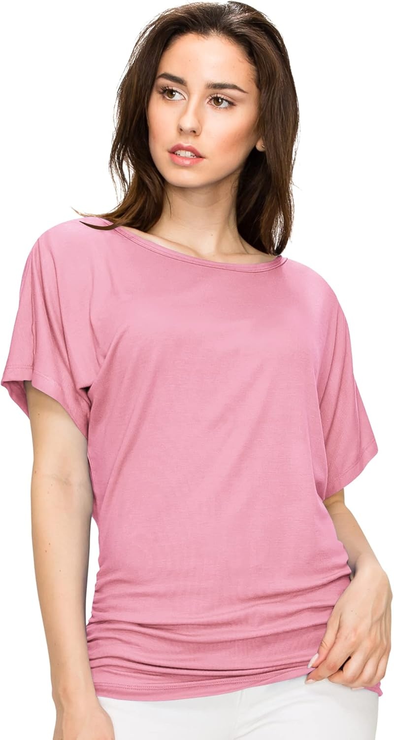 image:imageMade By Johnny Womens Casual Solid Short Sleeve Boat NeckV Neck Dolman Top T Shirt with Side ShirringWt817pink