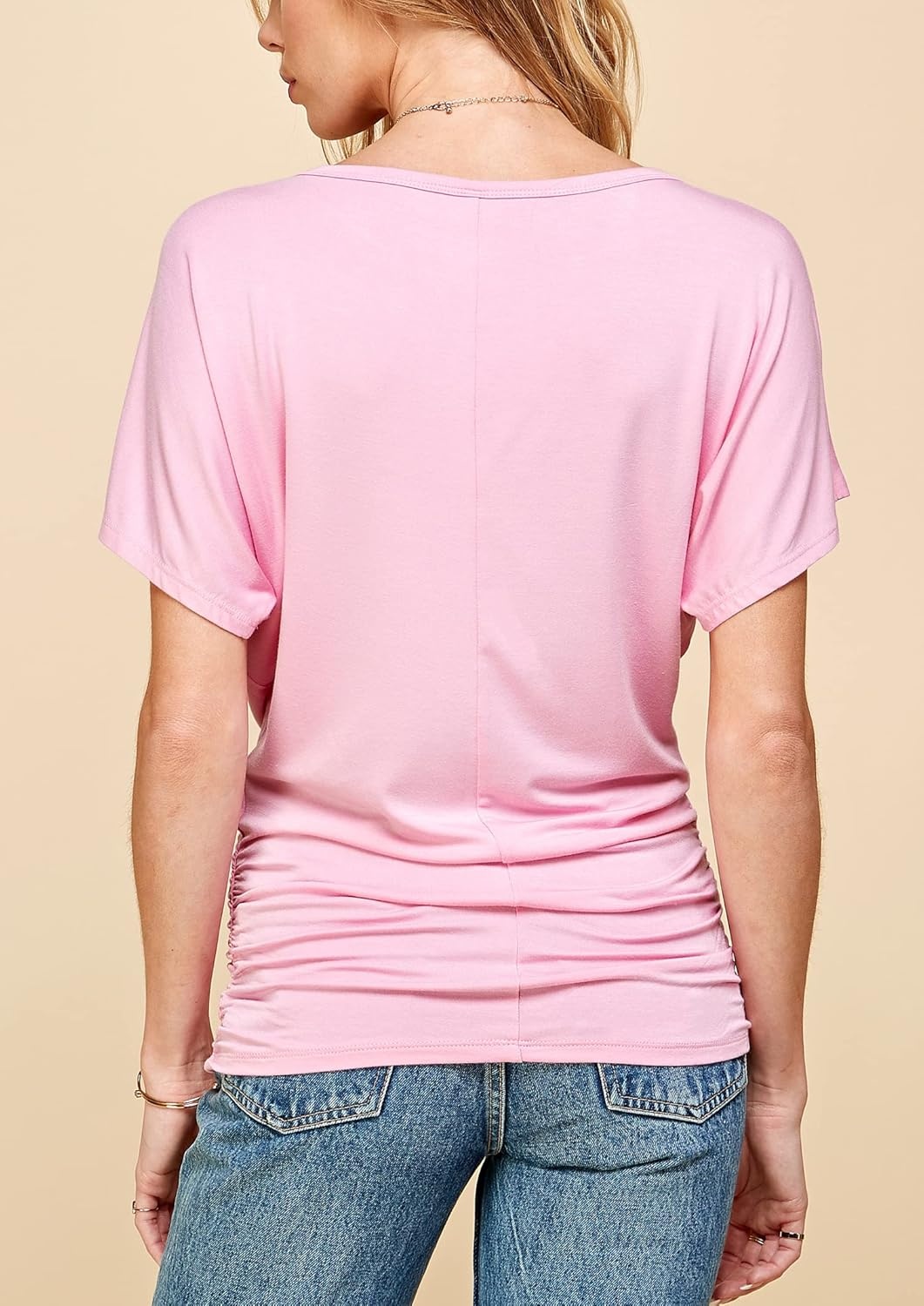 image:imageMade By Johnny Womens Casual Solid Short Sleeve Boat NeckV Neck Dolman Top T Shirt with Side ShirringWt817pink